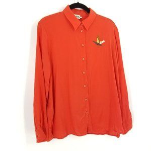 Beymen Club Silk Blend Embroidered Bird Button Down Blouse Large